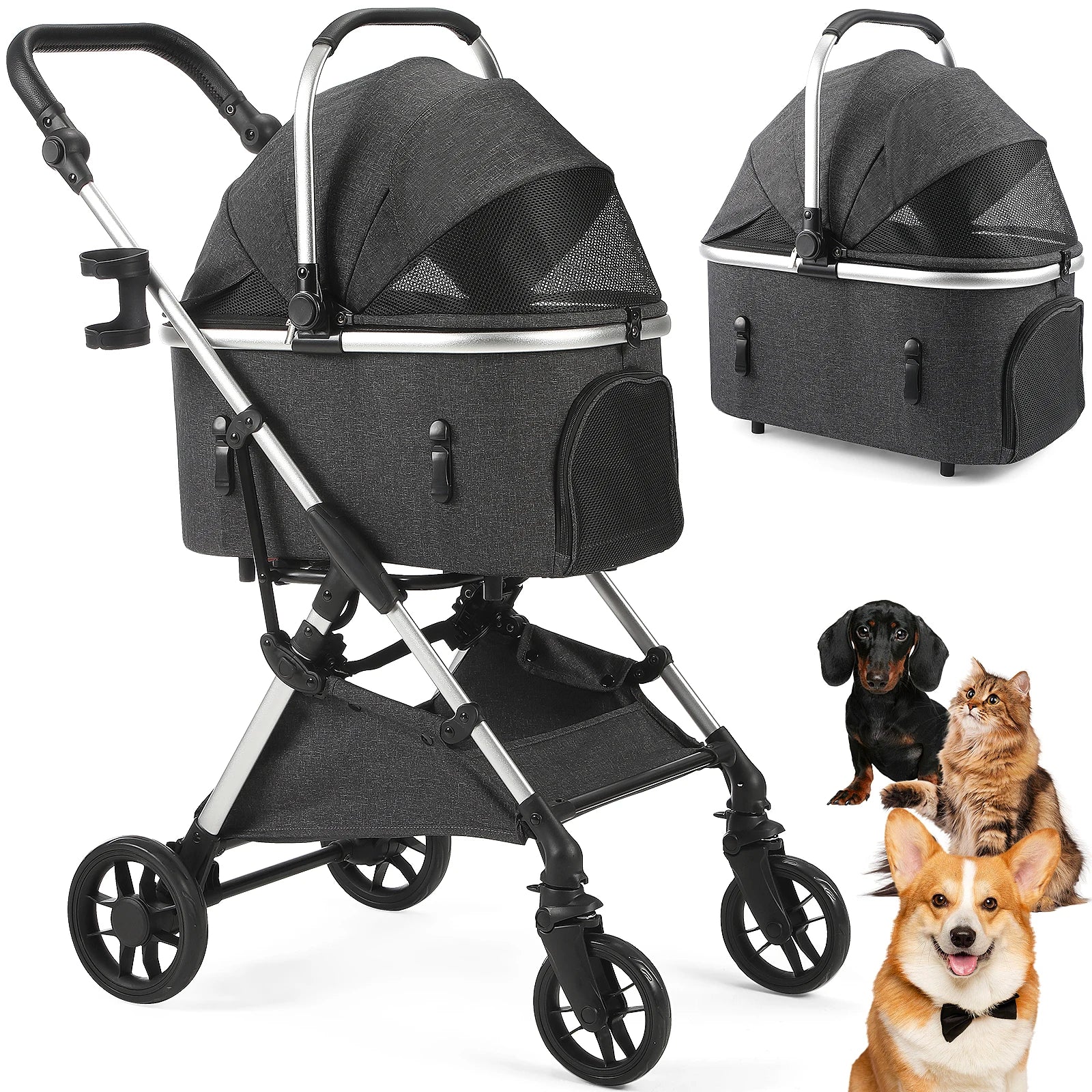 Pet Stroller with 4 Wheels Foldable Pet Travel Carrier for Small/Medium Dogs Cats up to 50lbs Detachble Portable Pet Storage Bag