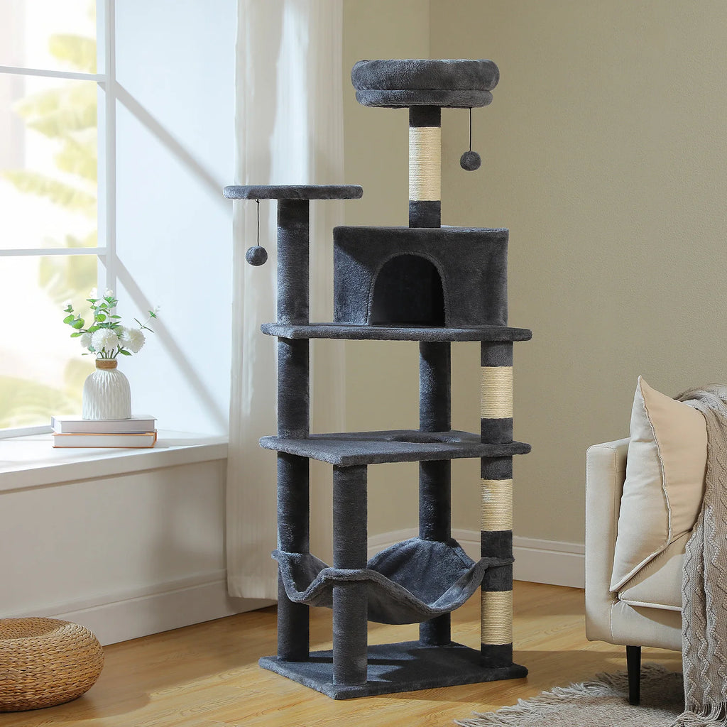 6-Level Cat Tree Tower with Super Large Hammock,Spacious Condo,Anti-tip Kit,2 Dangling Balls,4 Natural Sisal Scratching Posts