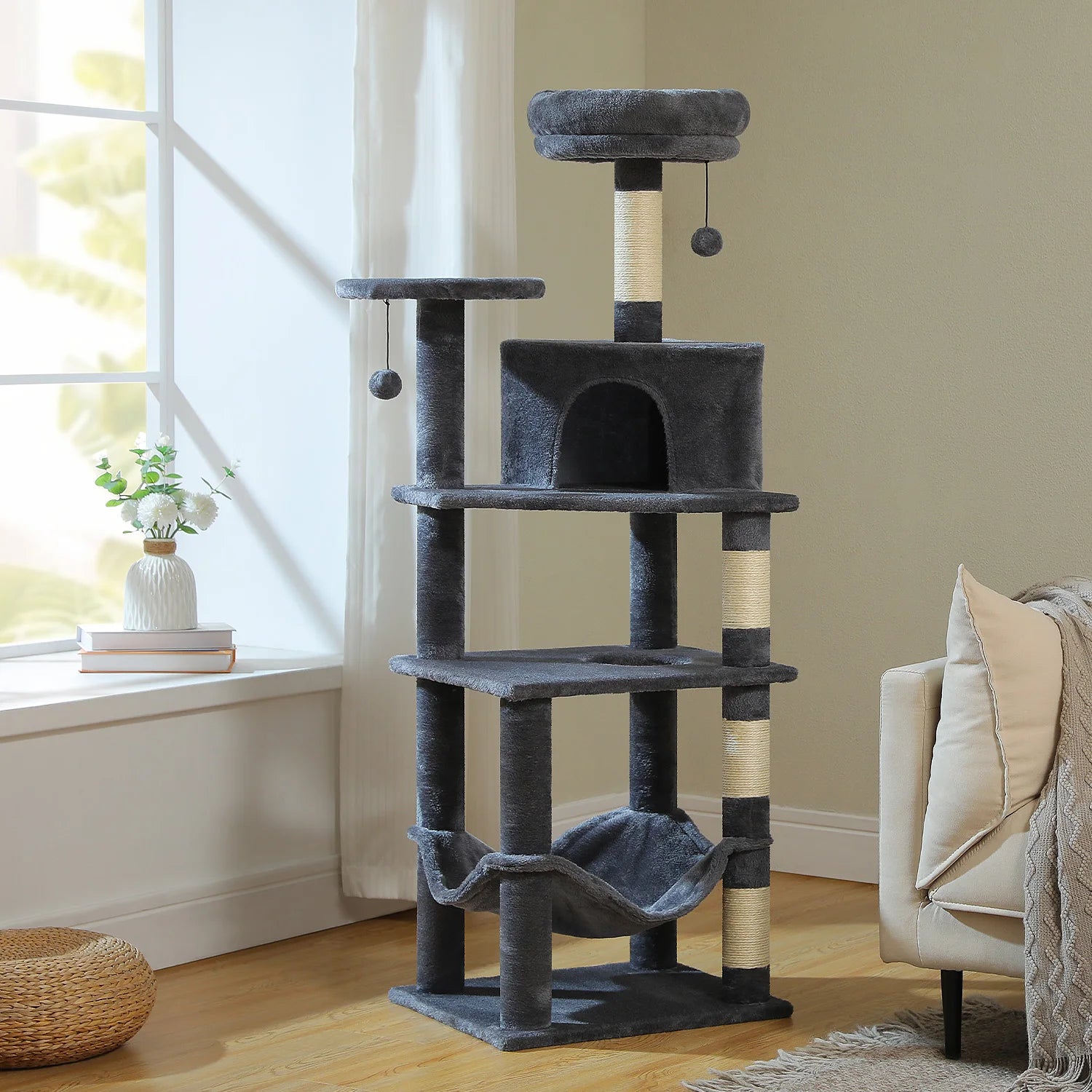 6-Level Cat Tree Tower with Super Large Hammock,Spacious Condo,Anti-tip Kit,2 Dangling Balls,4 Natural Sisal Scratching Posts