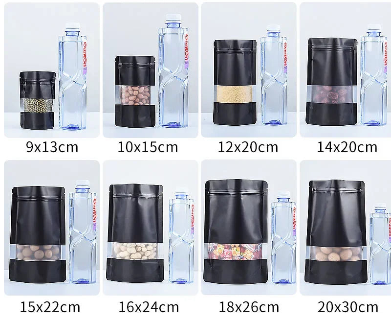 50pcs/100pcs Matt Black Stand Up Food Packaging Pouch with Window Custom Printed Zip Lock Foil Lined Pet Food Tea Doypack Bag