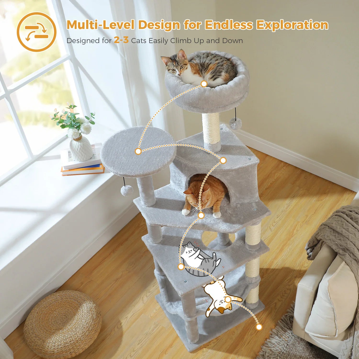 6-Level Cat Tree Tower with Super Large Hammock,Spacious Condo,Anti-tip Kit,2 Dangling Balls,4 Natural Sisal Scratching Posts