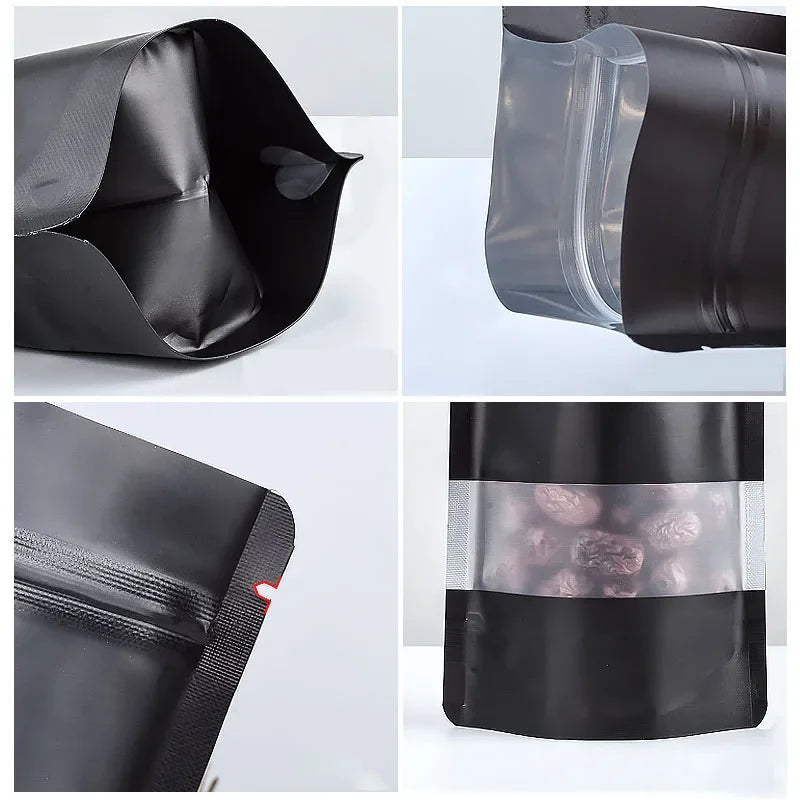 50pcs/100pcs Matt Black Stand Up Food Packaging Pouch with Window Custom Printed Zip Lock Foil Lined Pet Food Tea Doypack Bag