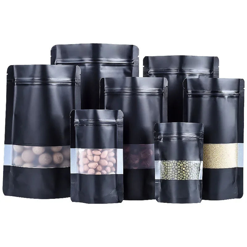 50pcs/100pcs Matt Black Stand Up Food Packaging Pouch with Window Custom Printed Zip Lock Foil Lined Pet Food Tea Doypack Bag