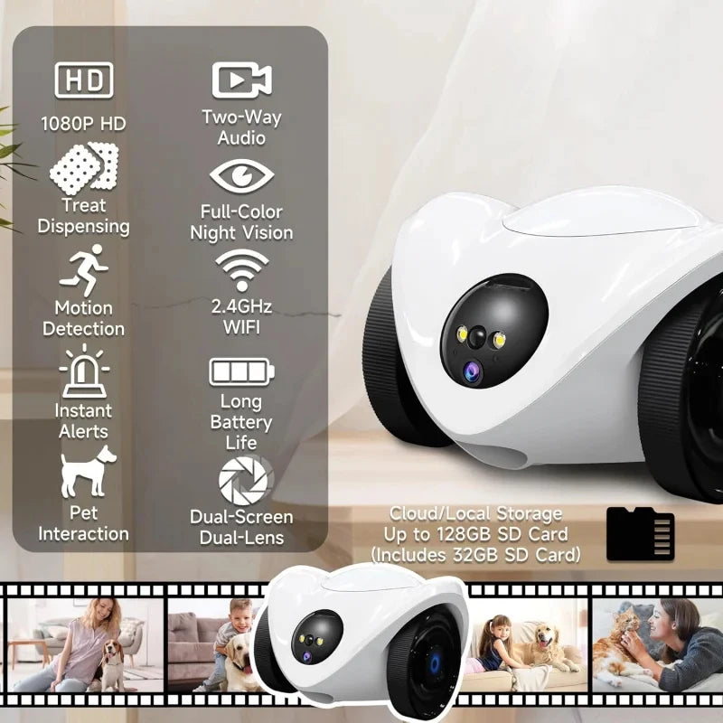 2026 Pet Camera Treat Dispenser, Movable Robot Cam for Dogs Cats, 1080P Indoor Security, 2-Way Talk, 2.4GHz WiFi Only