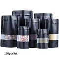 50pcs/100pcs Matt Black Stand Up Food Packaging Pouch with Window Custom Printed Zip Lock Foil Lined Pet Food Tea Doypack Bag