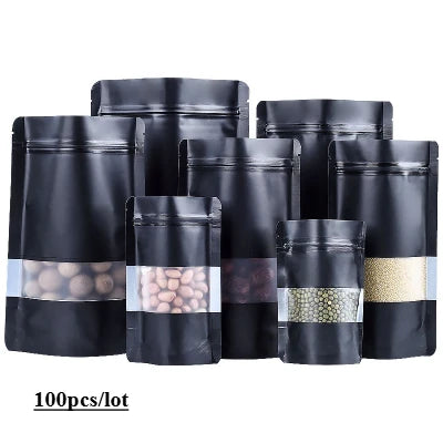 50pcs/100pcs Matt Black Stand Up Food Packaging Pouch with Window Custom Printed Zip Lock Foil Lined Pet Food Tea Doypack Bag