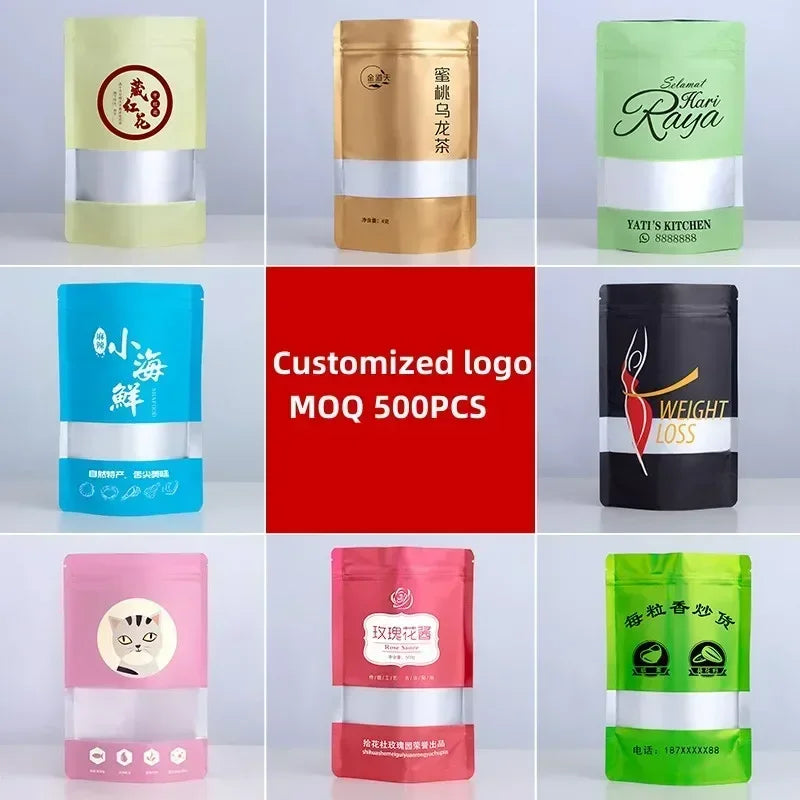 50pcs/100pcs Matt Black Stand Up Food Packaging Pouch with Window Custom Printed Zip Lock Foil Lined Pet Food Tea Doypack Bag