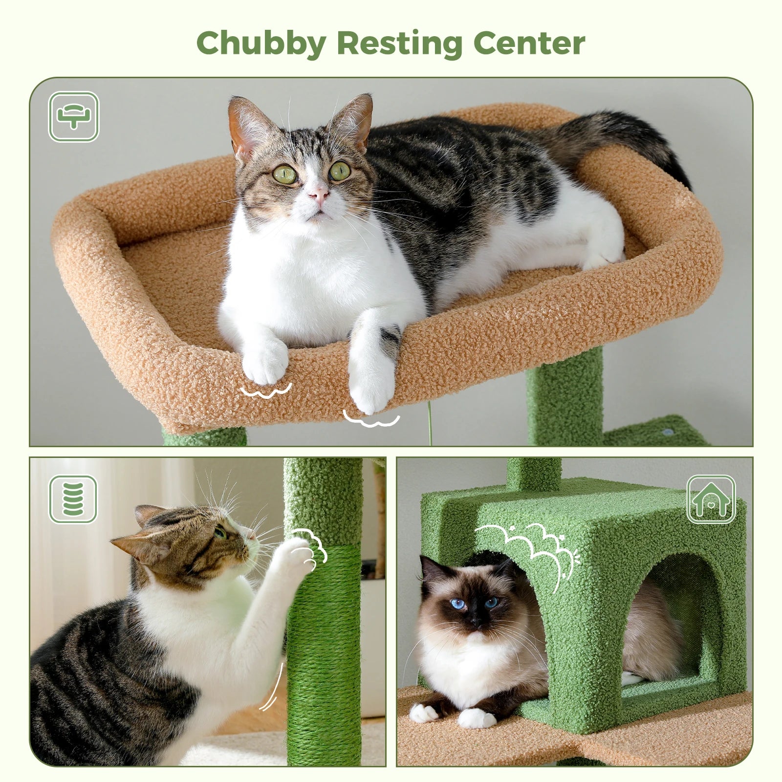 Cactus Cat Tree Tower for Large Cats with Metal Plush Big Hammock for Indoor Cats with 2 Door Condo House with Large Top Perch
