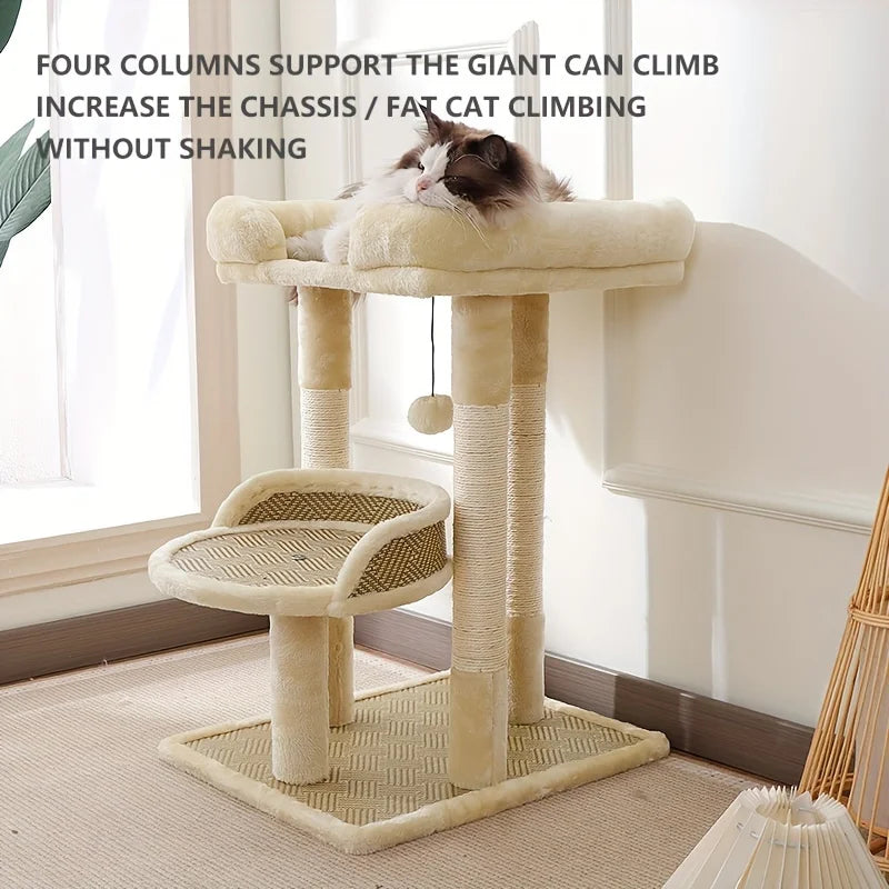 2-Tier Luxury Cat Tree with Sisal Scratching Posts, Multi-Level Cat Tower with Plush Perches & Hanging Toys, Durable Activity